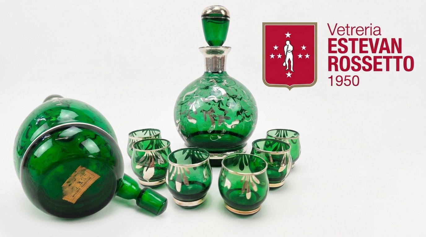 Green and Silvered Decanter Set (1950s) Vetreria Estevan Rossetto