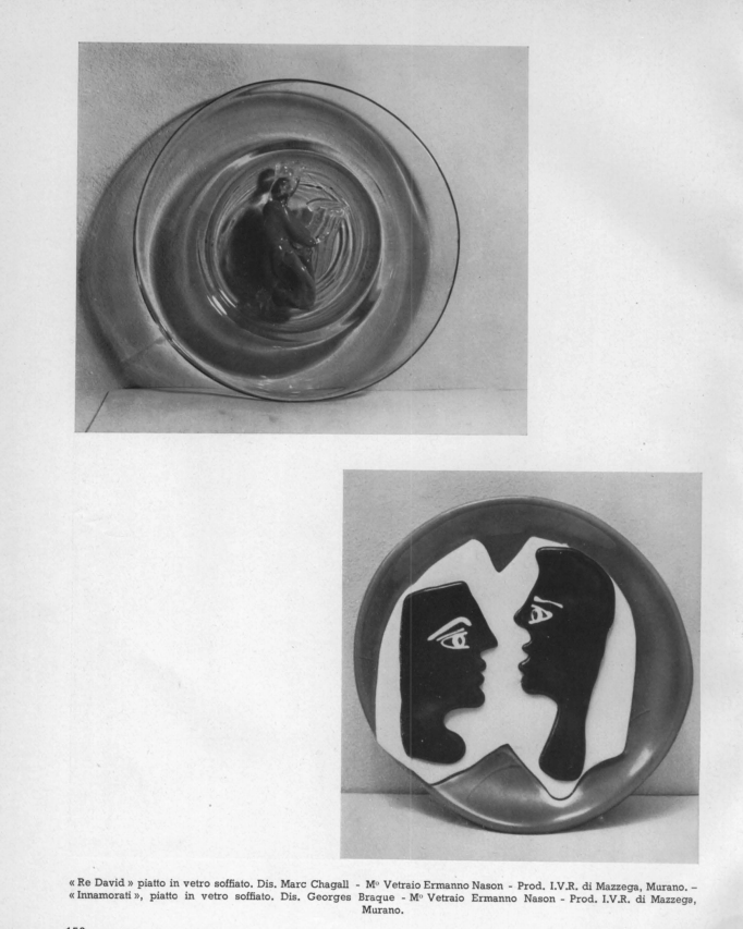 King David, dish of blown glass designed by Marc Chagall - Blown by Ermanno Nason - Produced by I.V.R. di Mazzega, Murano. Sweethearts, dish of blown glass designed by Georges Braque - Blown by Ermanno Nason - Produced by I.V.R. di Mazzega, Murano.