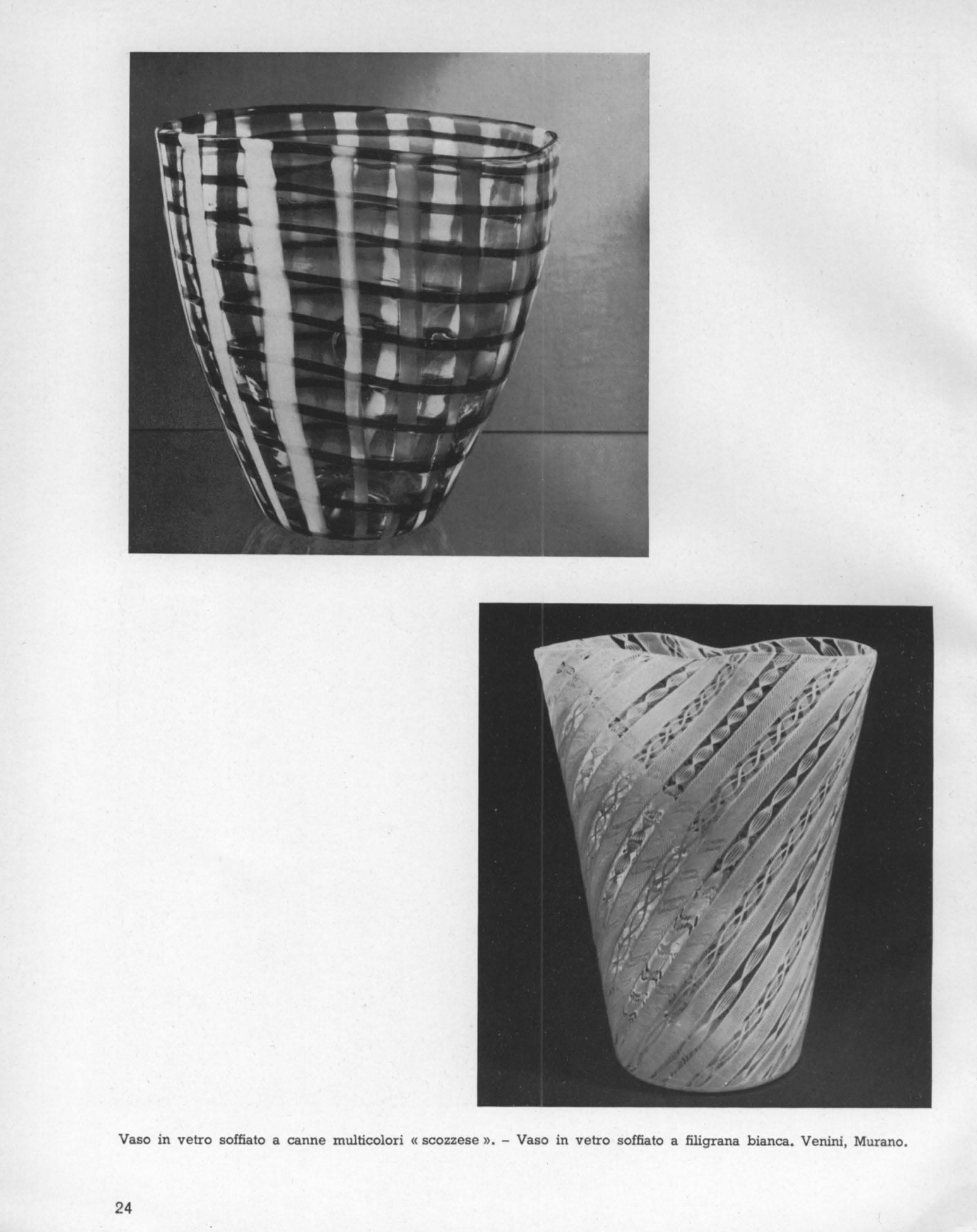 Blown glass vase, decorated with plaid polychromous stripes ("scozzese"). White filigree blown vase. Venini Murano