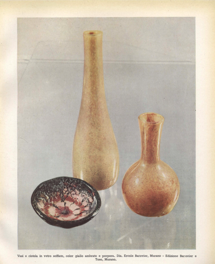 Blown glass vases and bowl, purple and amber coloured.** Designed by Ercole Barovier, Murano - Made by Barovier and Toso, Murano