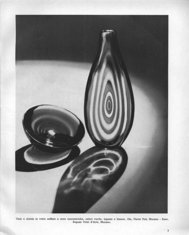 Flavio Poli Blown glass vase and bowl, with concentric zones** in green, topaz, and white.