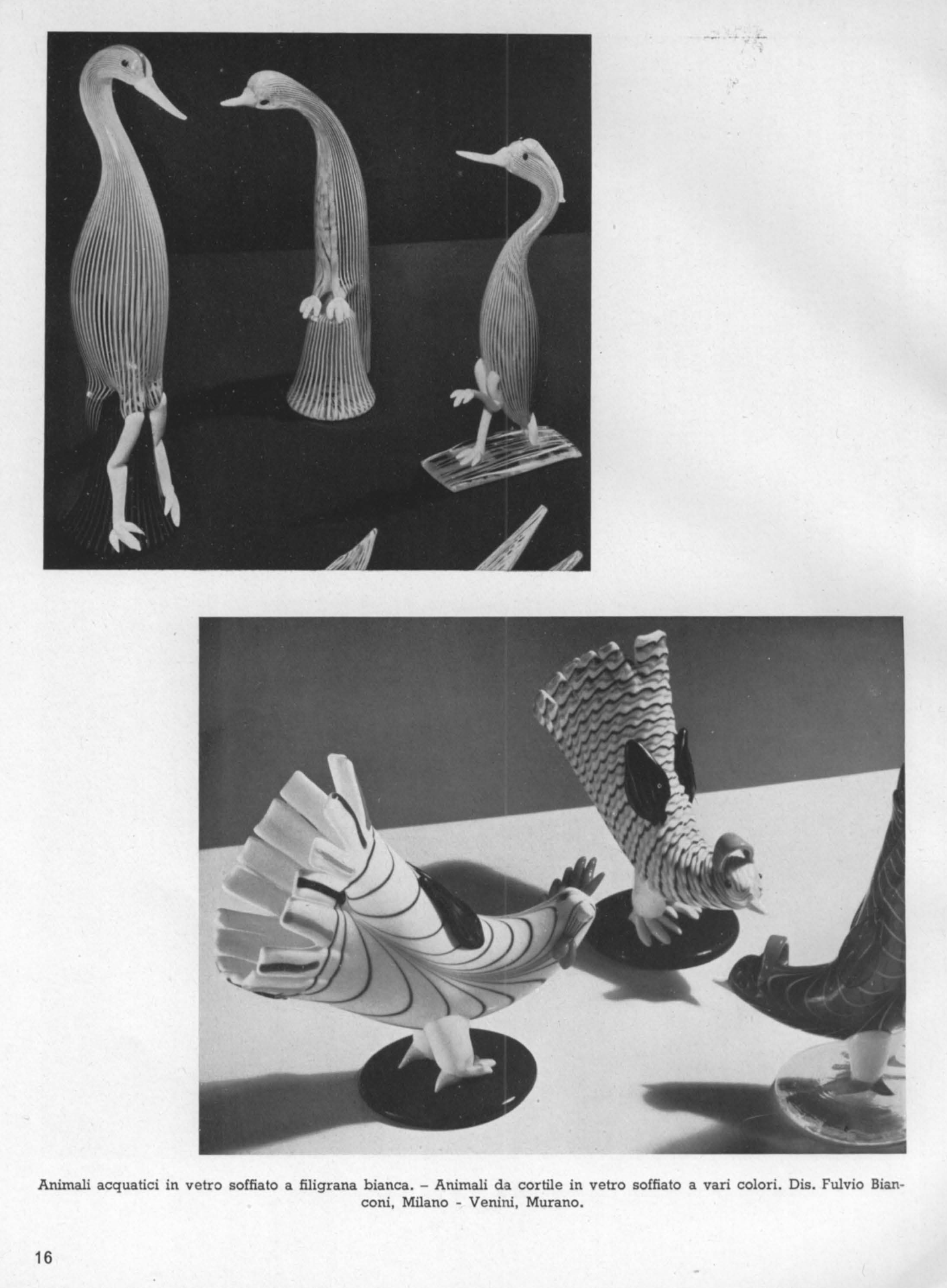 Water birds of white filigree blown glass. Yard animals hens of blown glass, in various colours. Designed by Fulvio Bianconi, Milan