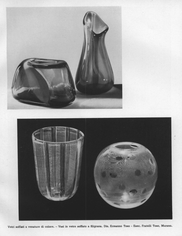 Colour threaded blown glass pieces. Filigree blown vases.** Designed by Ermanno Toso - Executed by Toso Brothers, Murano