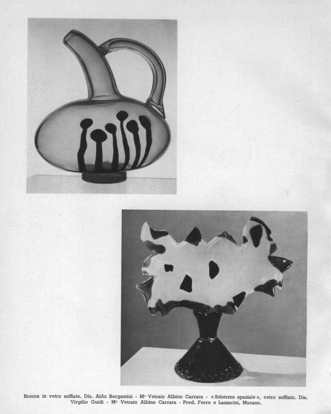 Blown glass jug designed by Aldo Bergamini - Blown by Albino Carrara and Screen of blown glass designed by Virgilio Guidi - Blown by Albino Carrara - Produced by Ferro and Lazzarini, Murano.