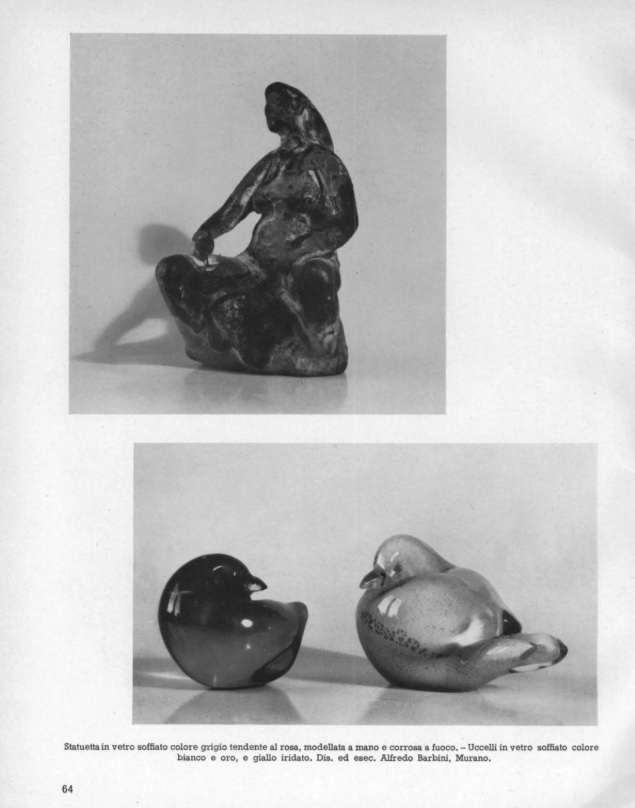 Hand moulded blown glass statuette of grey-rose colour. Blown glass birds of white-gold iridescent yellow colours.** Designed and executed by Alfredo Barbini, Murano