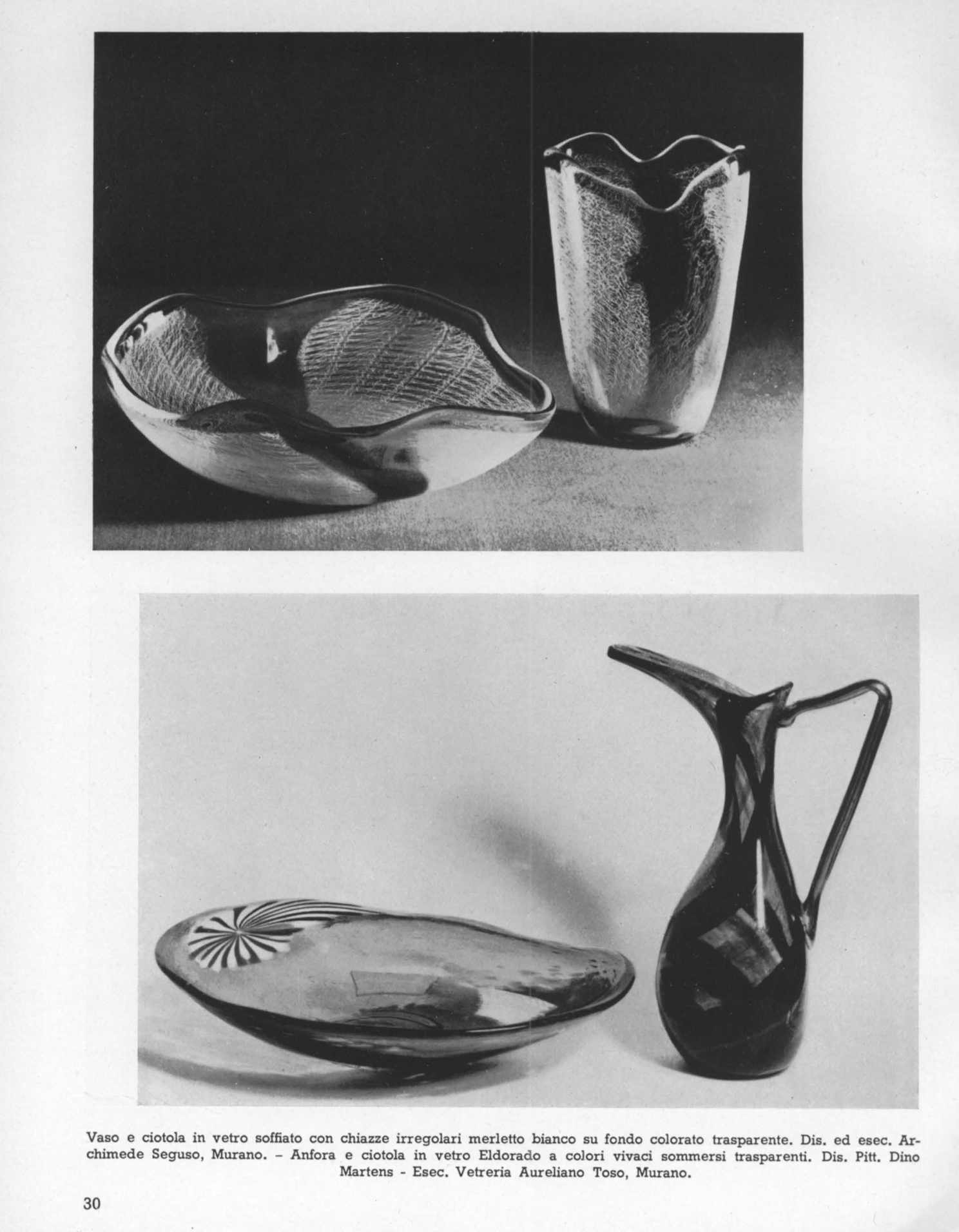Vases and bowl of blown glass, irregularly spotted with white lace decoration ("merletto") on coloured transparent ground.** Designed and executed by Archimede Seguso, Murano.