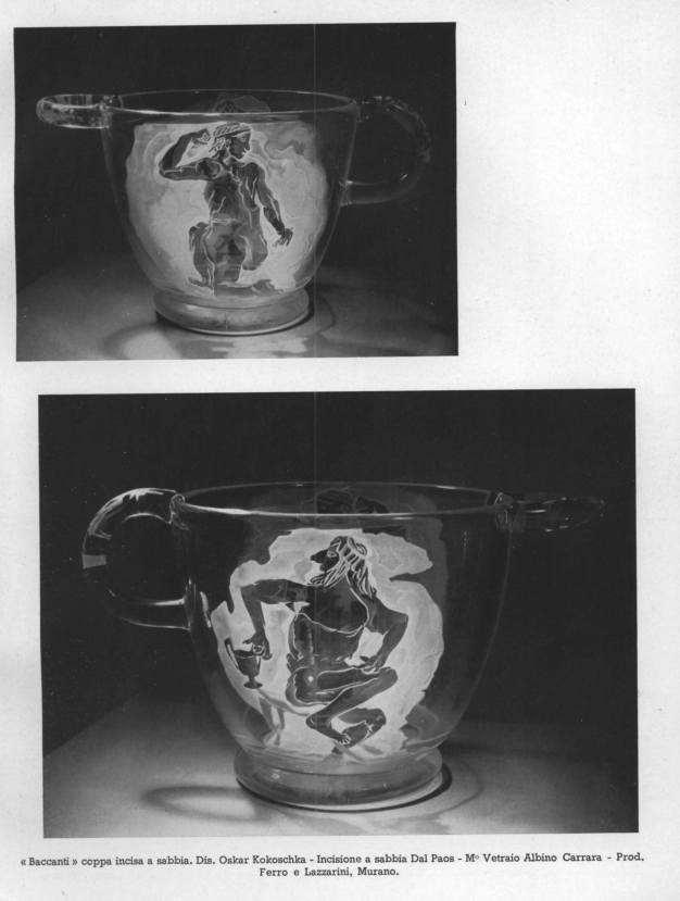 Bacchantes, sand engraved bowl designed by Oskar Kokoschka - Sand engraved by Dal Paos - Blown by Albino Carrara - Produced by Ferro and Lazzarini, Murano