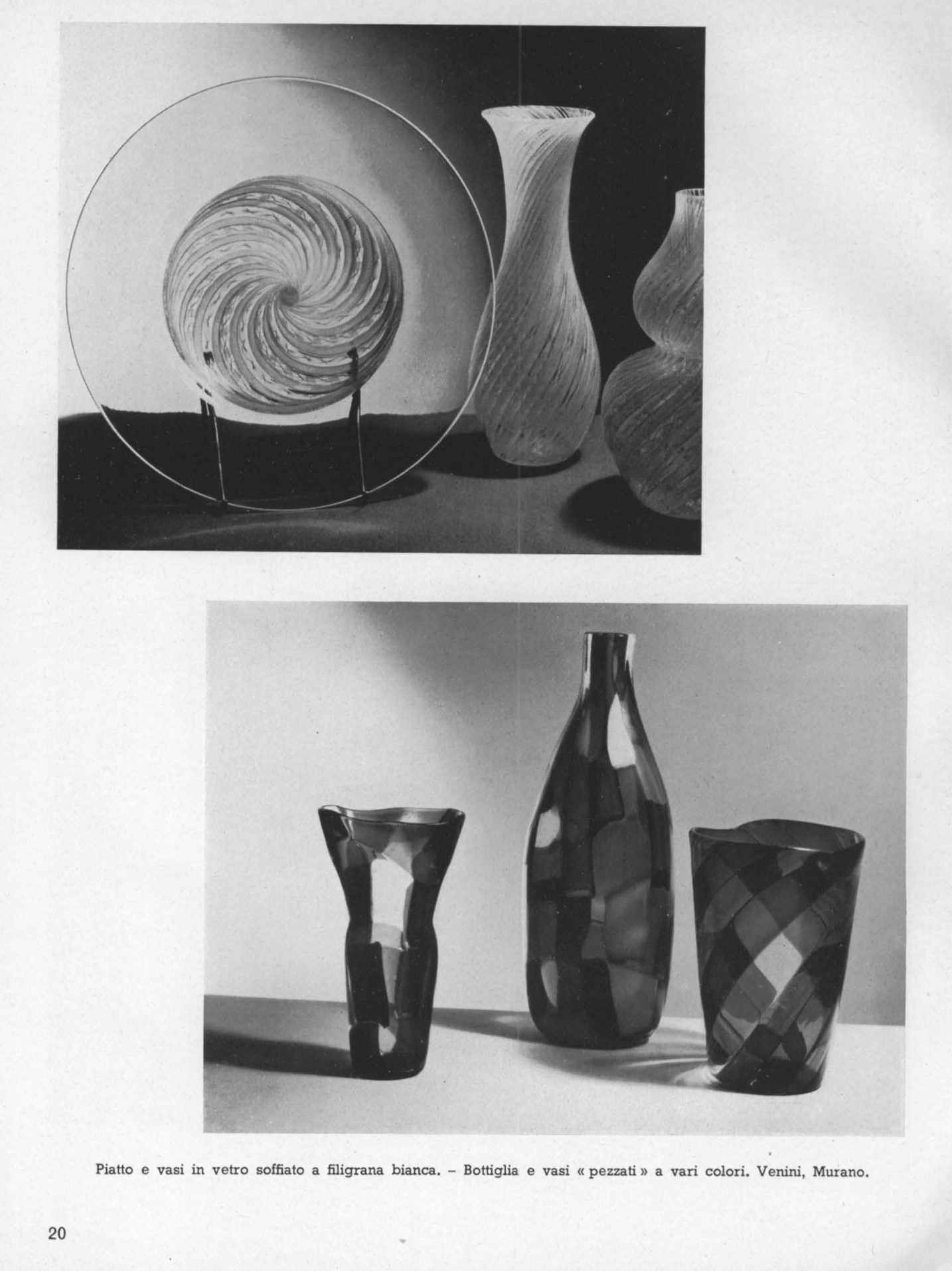 White filigree blown glass vases and dishes. Bottle and vases spotted with various colours (patchwork style) Venini Murano