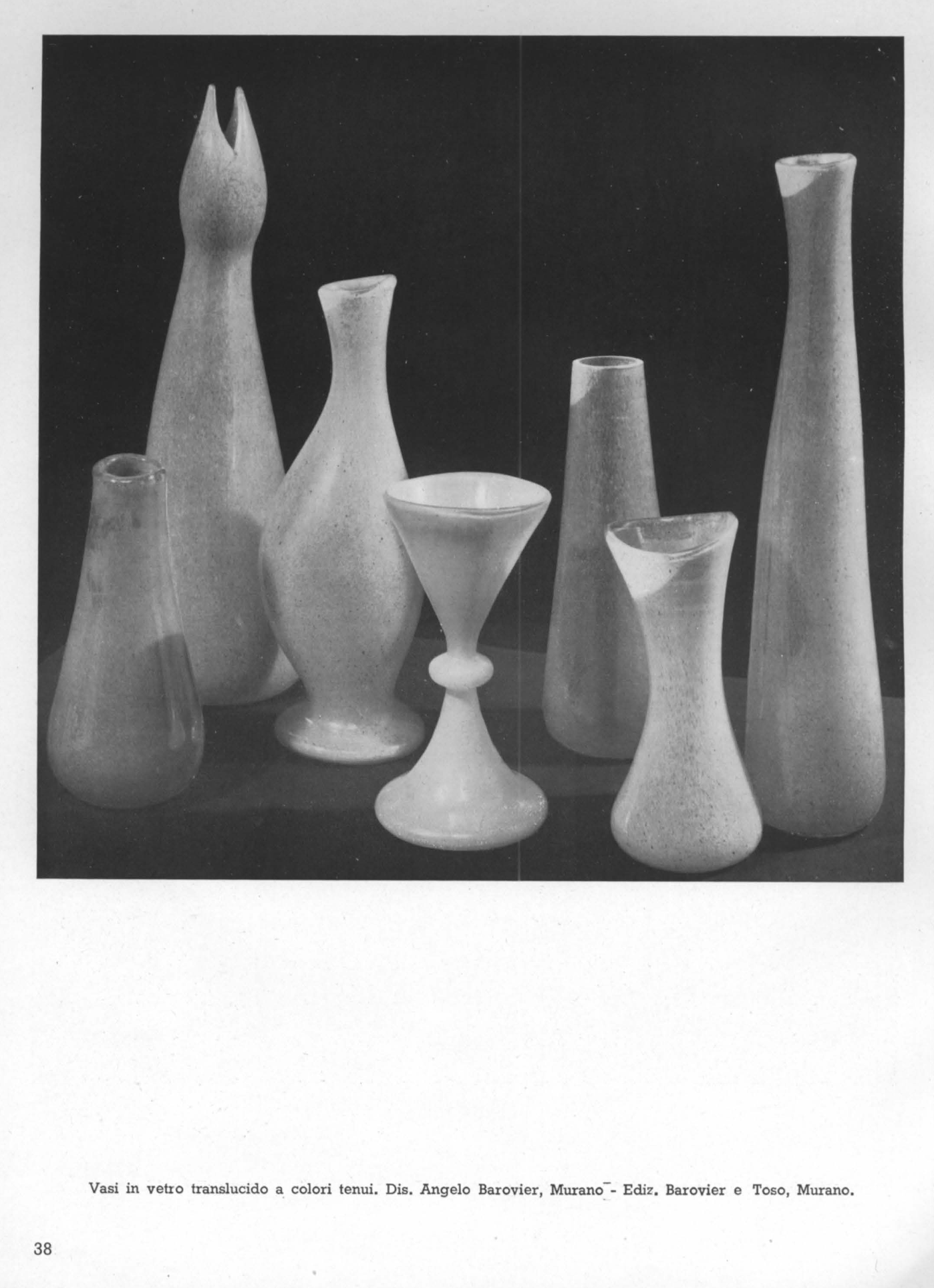Translucid glass vases, of delicate shades. Designed by Angelo Barovier, Murano - Made by Barovier and Toso, Murano.