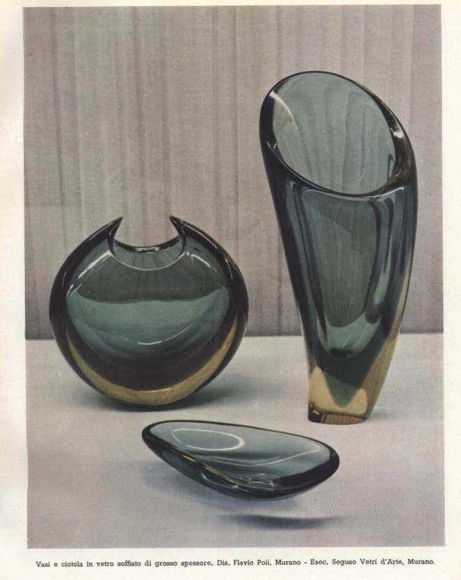 Vases and bowl of blown glass of heavy thickness. Designed by Flavio Poli, Murano - Executed by Seguso Vetri d’Arte, Murano