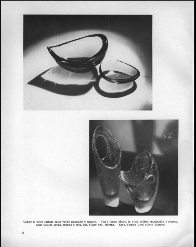 Flavio Poli Blown glass bowls, of emerald green and topaz colour. Blown glass vases, free-form, worn away and translucid, of rosy, grey, and topaz colour