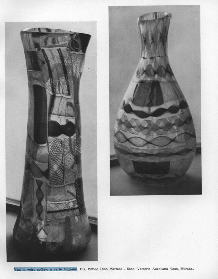 Filigree of threads on blown vases. Designed by the Painter Dino Martens - Executed by Vetreria Aureliano Toso, Murano. Blown glass vases decorated with stripes of various colours.Designed and executed by Alberto Toso & C., Murano.